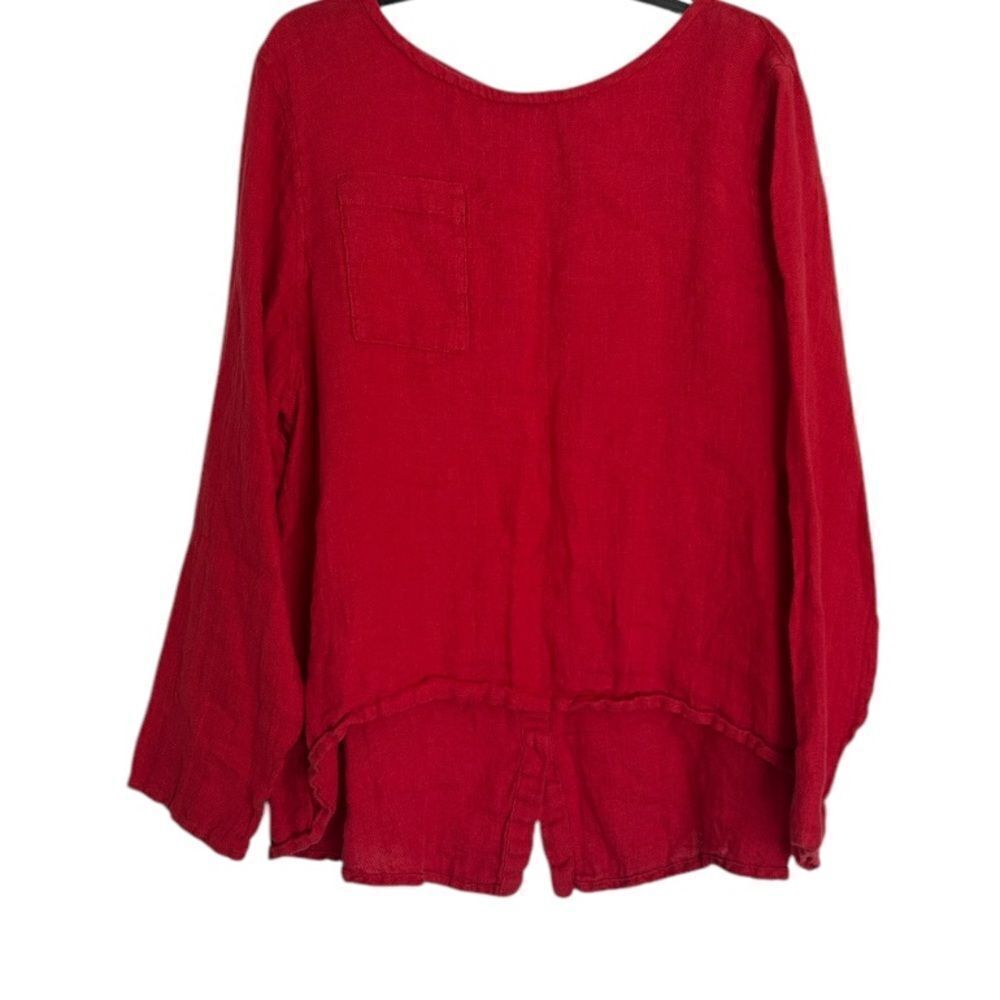 FLAX Red 100% Linen Tunic Top Rear Button Up Size Medium
